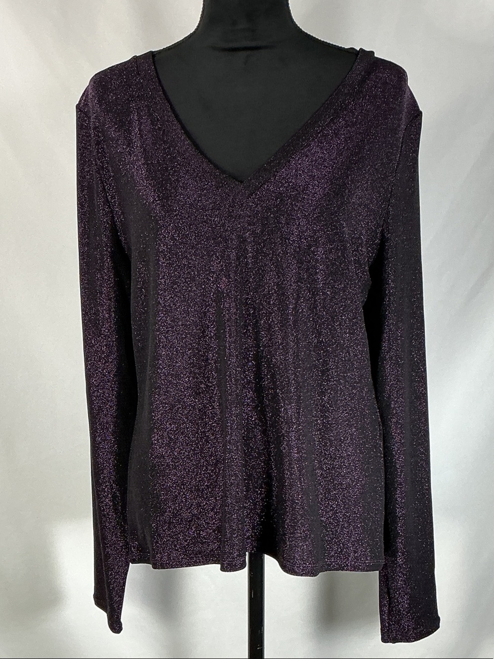 WHBM Purple Metallic Sparkle Knit V-Neck Long Sleeve Top Blouse Shimmer NWT XL